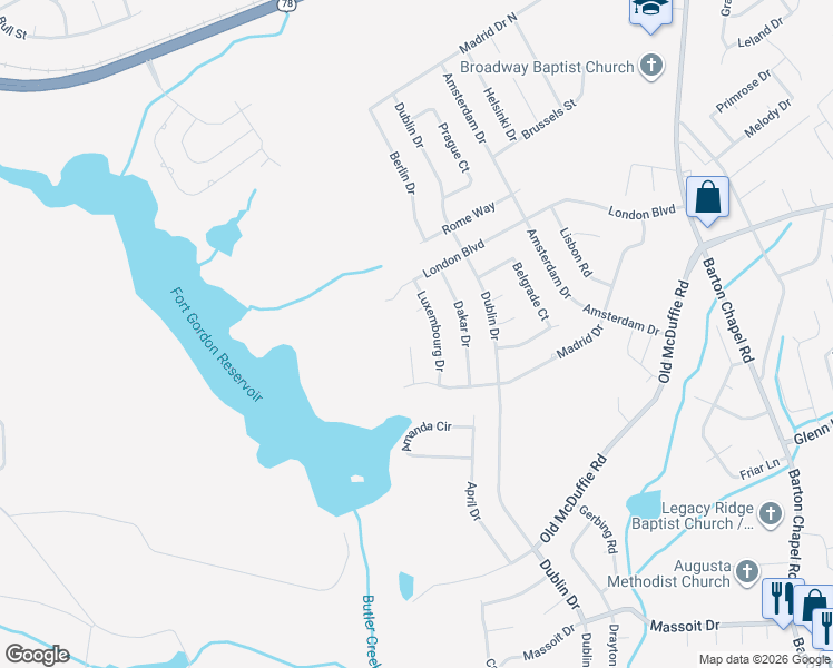 map of restaurants, bars, coffee shops, grocery stores, and more near 2402 Budapest Court in Augusta