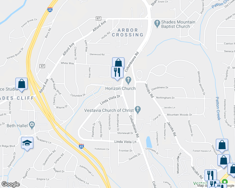 map of restaurants, bars, coffee shops, grocery stores, and more near 1516 Linda Vista Drive in Vestavia Hills