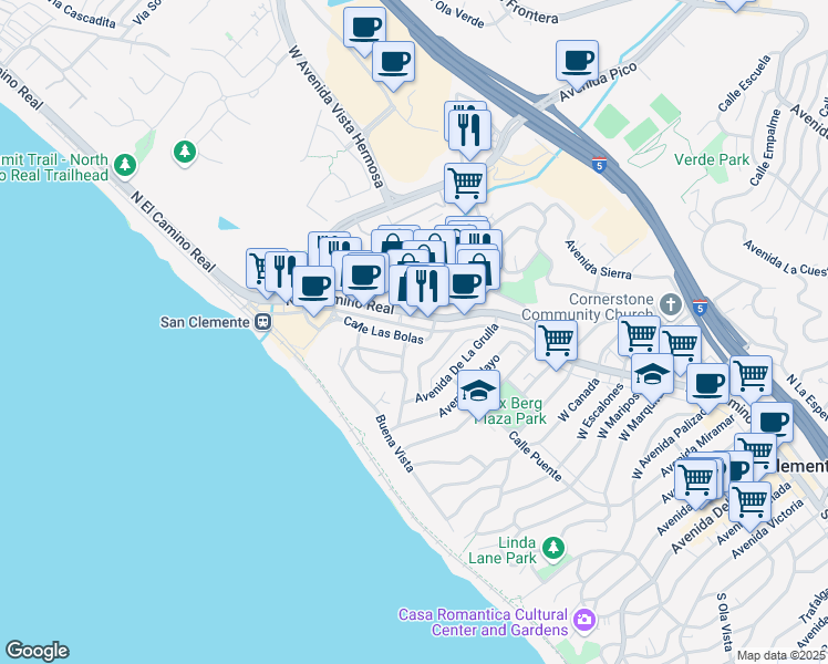 map of restaurants, bars, coffee shops, grocery stores, and more near 136 Avenida Florencia in San Clemente