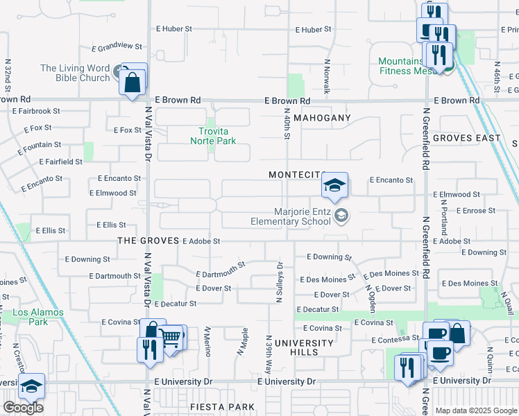 map of restaurants, bars, coffee shops, grocery stores, and more near 3917 East Elmwood Street in Mesa