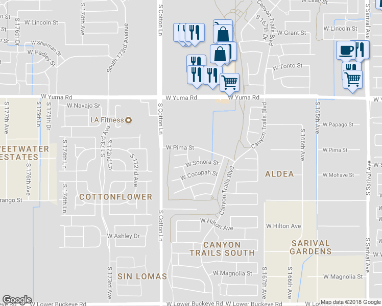 map of restaurants, bars, coffee shops, grocery stores, and more near 1635 South 170th Avenue in Goodyear