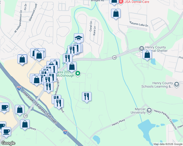 map of restaurants, bars, coffee shops, grocery stores, and more near 802 Pavilion Court in McDonough