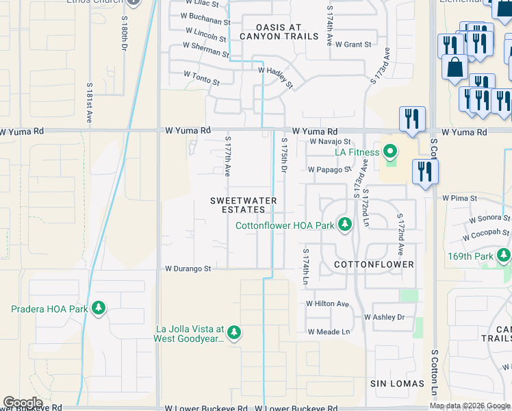 map of restaurants, bars, coffee shops, grocery stores, and more near 17622 Pima Street in Goodyear