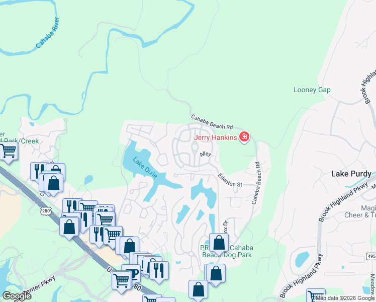 map of restaurants, bars, coffee shops, grocery stores, and more near 26122 Crossgate Road in Birmingham
