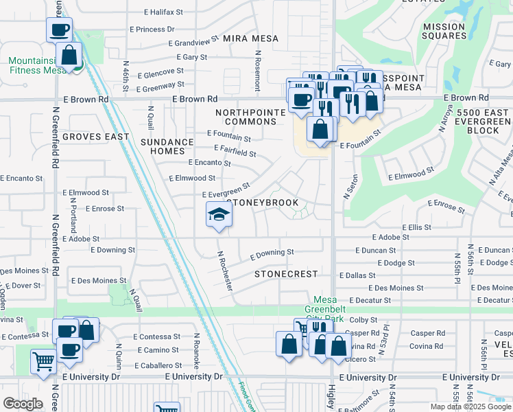map of restaurants, bars, coffee shops, grocery stores, and more near 4918 East Enrose Street in Mesa