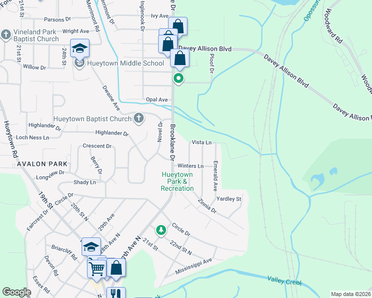 map of restaurants, bars, coffee shops, grocery stores, and more near 2835 Clyburne Street in Hueytown