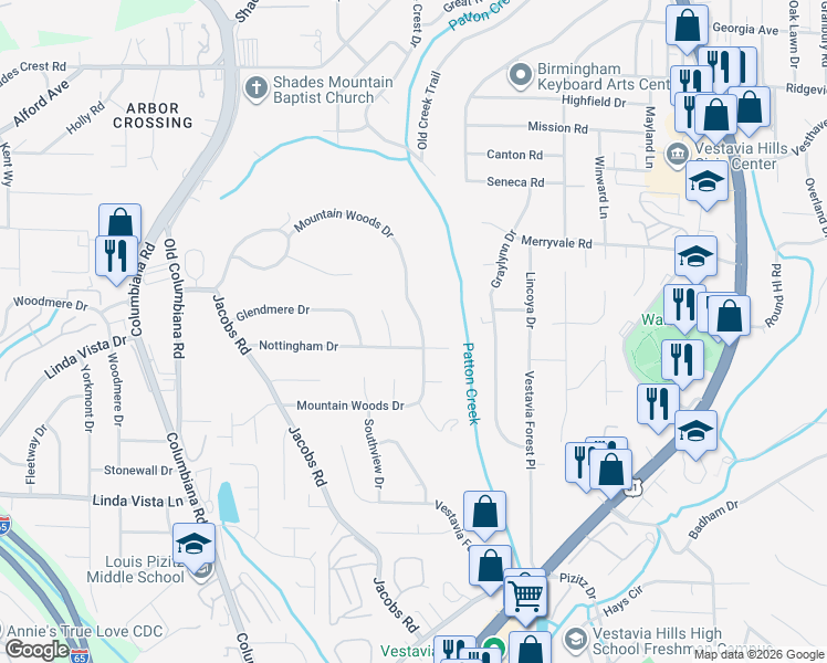 map of restaurants, bars, coffee shops, grocery stores, and more near 2581 Mountain Woods Drive in Vestavia Hills