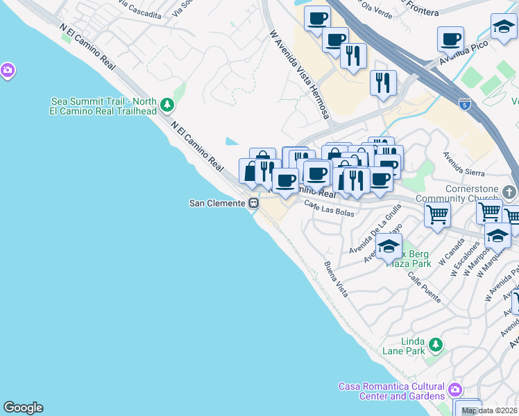map of restaurants, bars, coffee shops, grocery stores, and more near 1850 Avenida Estacion in San Clemente