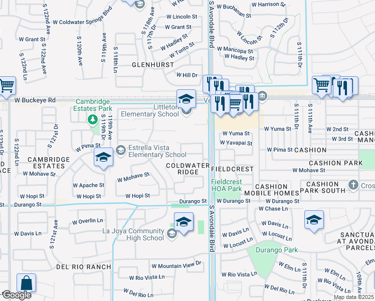 map of restaurants, bars, coffee shops, grocery stores, and more near 11582 West Cocopah Street in Avondale