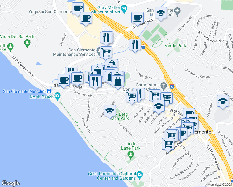 map of restaurants, bars, coffee shops, grocery stores, and more near 101 Avenida De La Grulla in San Clemente