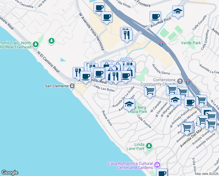 map of restaurants, bars, coffee shops, grocery stores, and more near 1520 North El Camino Real in San Clemente
