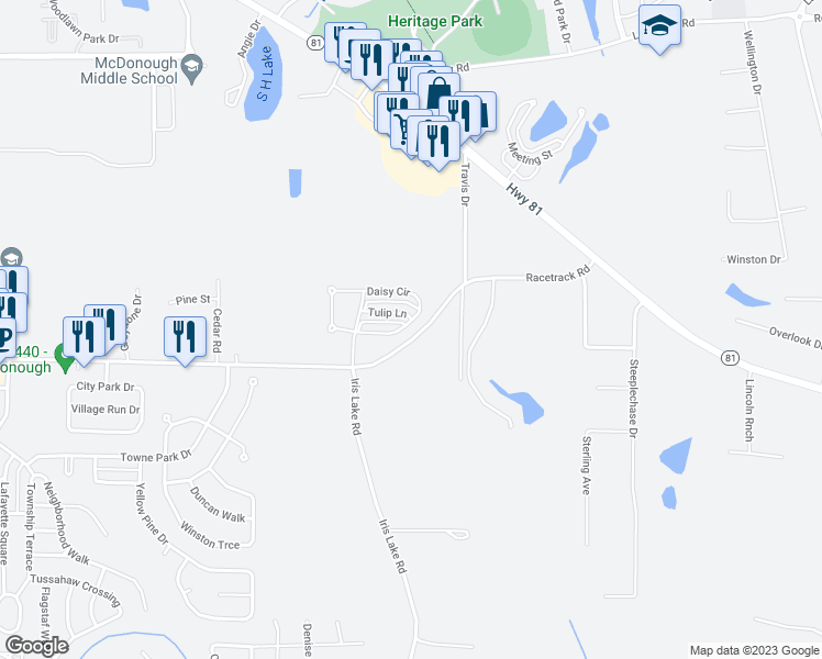 map of restaurants, bars, coffee shops, grocery stores, and more near 130 Daisy Circle in McDonough
