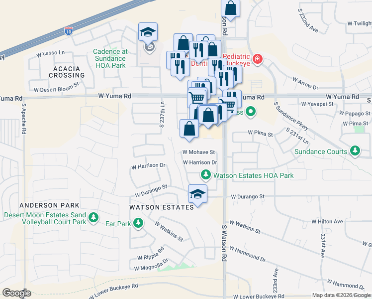 map of restaurants, bars, coffee shops, grocery stores, and more near 23658 West Mohave Street in Buckeye