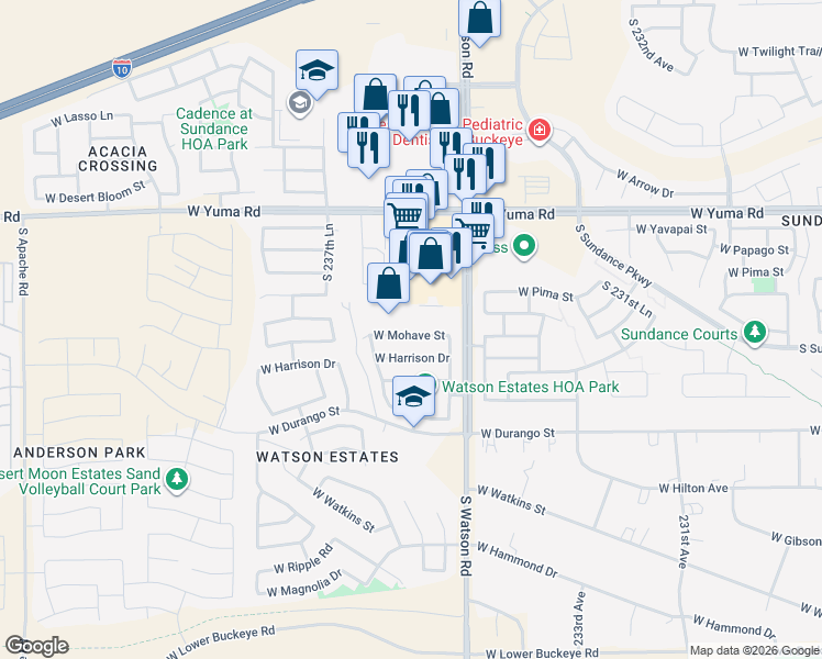 map of restaurants, bars, coffee shops, grocery stores, and more near 23602 West Mohave Street in Buckeye