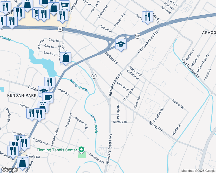 map of restaurants, bars, coffee shops, grocery stores, and more near 2367 Tubman Home Road in Augusta