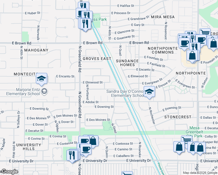 map of restaurants, bars, coffee shops, grocery stores, and more near 4552 East Enrose Street in Mesa