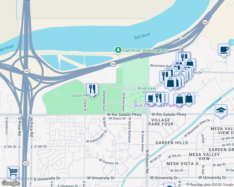 map of restaurants, bars, coffee shops, grocery stores, and more near 860 North Riverview in Mesa