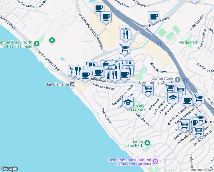 map of restaurants, bars, coffee shops, grocery stores, and more near 1520 North El Camino Real in San Clemente