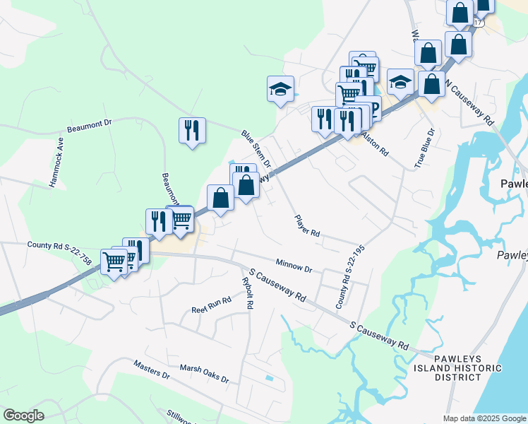 map of restaurants, bars, coffee shops, grocery stores, and more near 53 Egret Run Lane in Pawleys Island