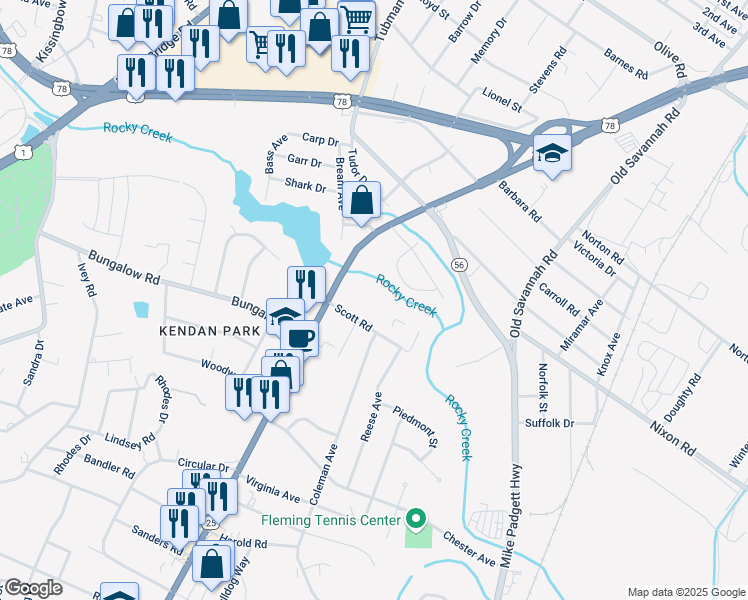 map of restaurants, bars, coffee shops, grocery stores, and more near 2021 Scott Road in Augusta