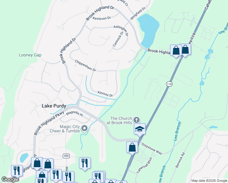 map of restaurants, bars, coffee shops, grocery stores, and more near 3825 Kinross Drive in Birmingham