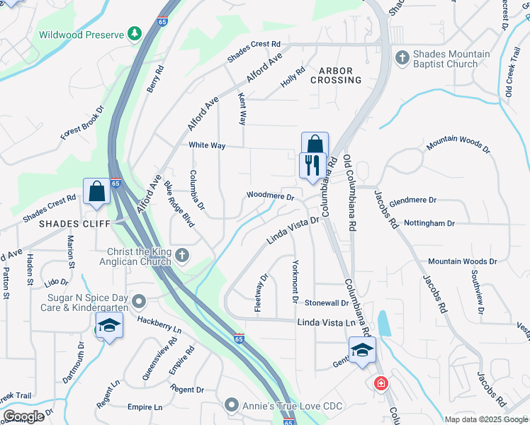 map of restaurants, bars, coffee shops, grocery stores, and more near 1910 Woodmere Creek Drive in Birmingham