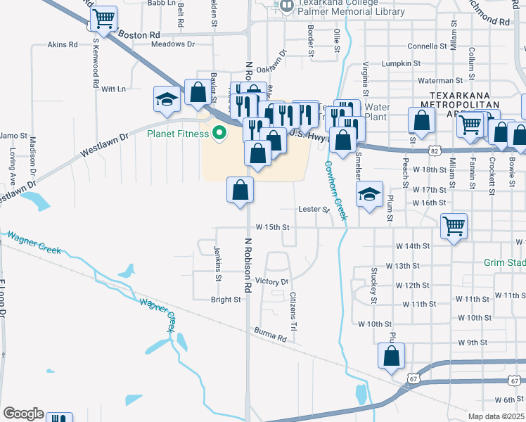 map of restaurants, bars, coffee shops, grocery stores, and more near 1568 North Robison Road in Texarkana
