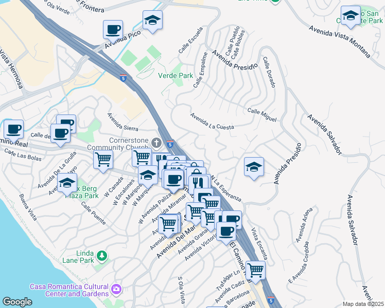 map of restaurants, bars, coffee shops, grocery stores, and more near 104 Avenida Caballeros in San Clemente