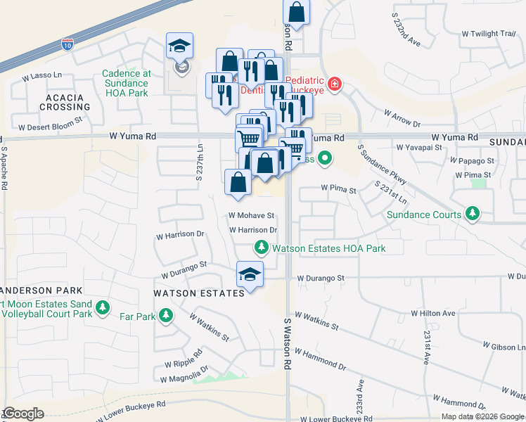 map of restaurants, bars, coffee shops, grocery stores, and more near 23602 West Mohave Street in Buckeye