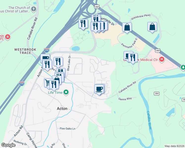 map of restaurants, bars, coffee shops, grocery stores, and more near 2000 Colony Park Drive in Birmingham