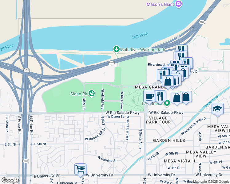 map of restaurants, bars, coffee shops, grocery stores, and more near 860 North Riverview in Mesa