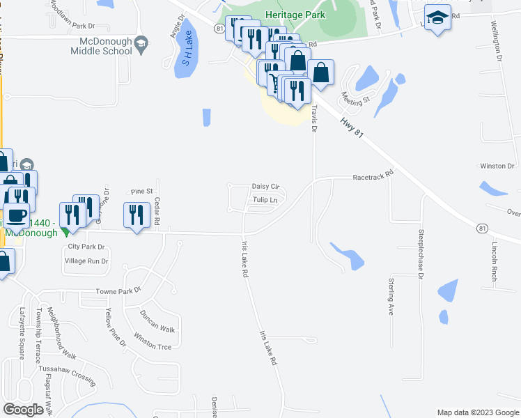 map of restaurants, bars, coffee shops, grocery stores, and more near 113 Daisy Circle in McDonough