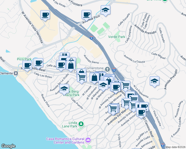 map of restaurants, bars, coffee shops, grocery stores, and more near 122 East El Portal in San Clemente