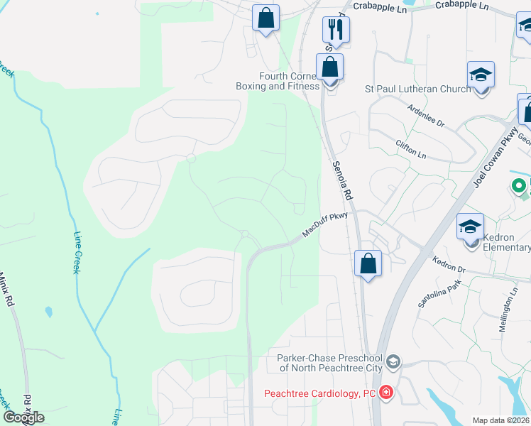 map of restaurants, bars, coffee shops, grocery stores, and more near Cresswind Boulevard in Peachtree City