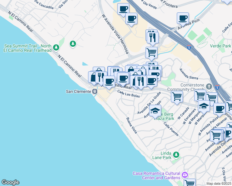 map of restaurants, bars, coffee shops, grocery stores, and more near 1637 Calle Las Bolas in San Clemente
