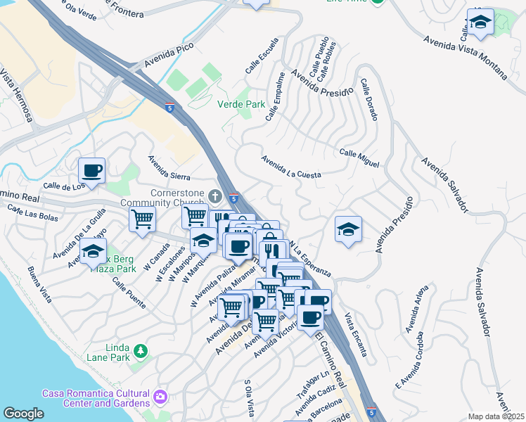map of restaurants, bars, coffee shops, grocery stores, and more near 104 Avenida Caballeros in San Clemente