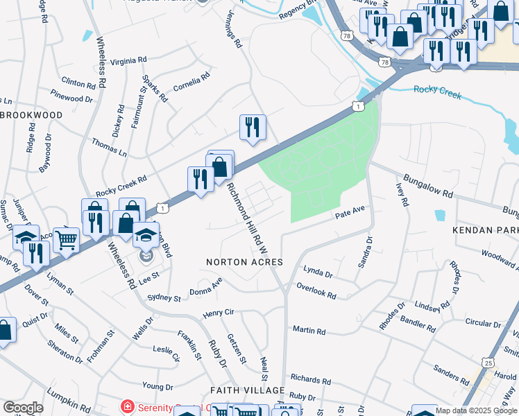 map of restaurants, bars, coffee shops, grocery stores, and more near 2 Cross Tree Court in Augusta
