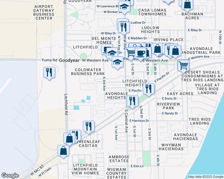 map of restaurants, bars, coffee shops, grocery stores, and more near 201 West Aragon Lane in Avondale