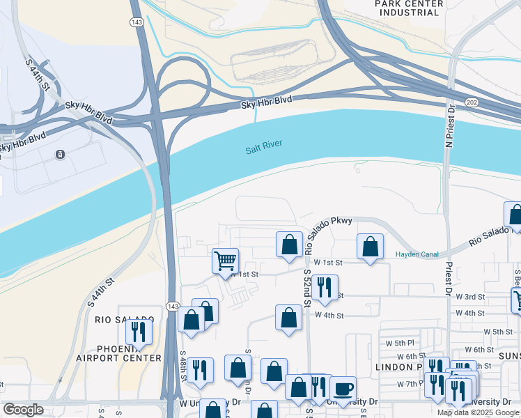 map of restaurants, bars, coffee shops, grocery stores, and more near 2040 West Rio Salado Parkway in Tempe