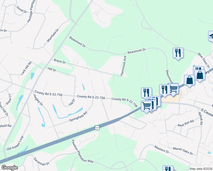 map of restaurants, bars, coffee shops, grocery stores, and more near 108 Silver Hill Lane in Pawleys Island