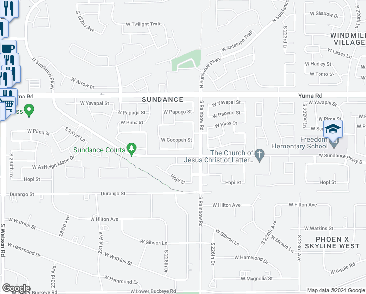 map of restaurants, bars, coffee shops, grocery stores, and more near 22764 West Mohave Street in Buckeye