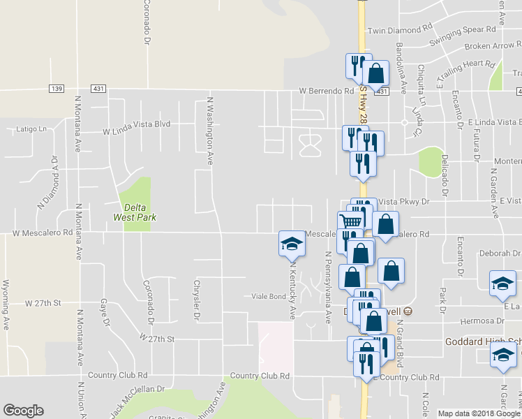 map of restaurants, bars, coffee shops, grocery stores, and more near 502 West Vista Parkway in Roswell