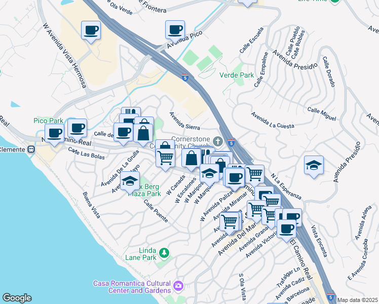 map of restaurants, bars, coffee shops, grocery stores, and more near 122 E El Portal in San Clemente