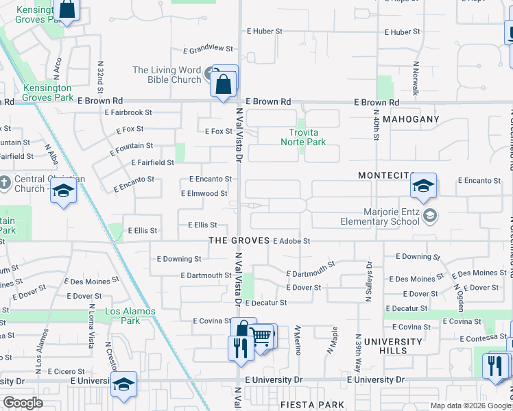 map of restaurants, bars, coffee shops, grocery stores, and more near 453 North Val Vista Drive in Mesa