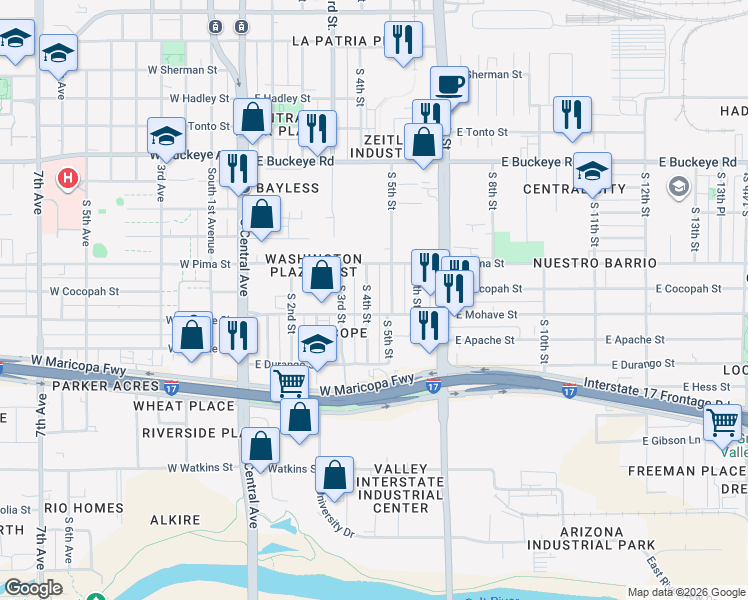 map of restaurants, bars, coffee shops, grocery stores, and more near 1615 South 4th Street in Phoenix