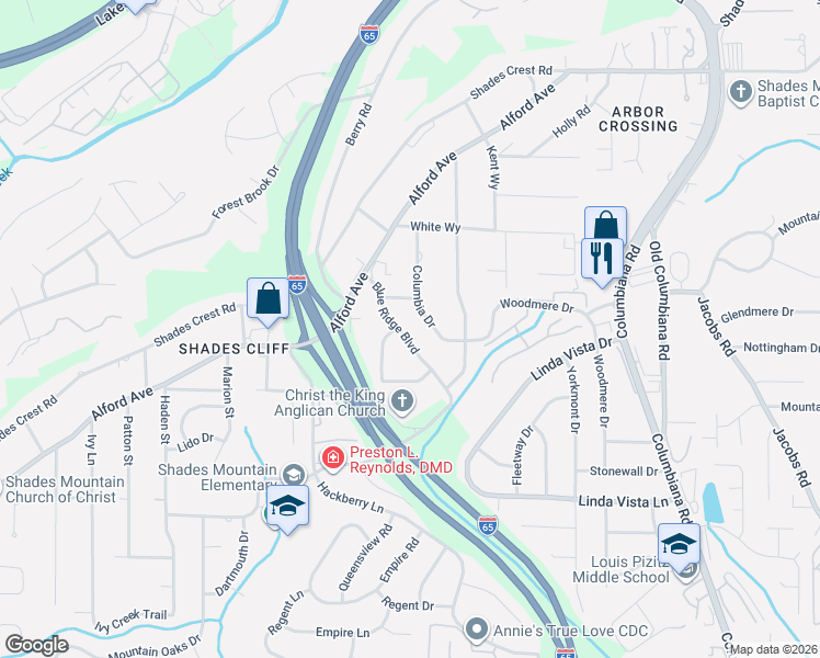 map of restaurants, bars, coffee shops, grocery stores, and more near 2205 Blue Ridge Boulevard in Birmingham