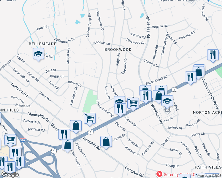 map of restaurants, bars, coffee shops, grocery stores, and more near 2439 Juniper Drive in Augusta