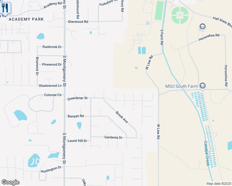 map of restaurants, bars, coffee shops, grocery stores, and more near 198 Tea Rose Lane in Starkville
