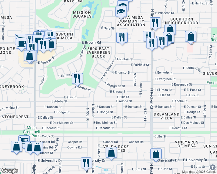 map of restaurants, bars, coffee shops, grocery stores, and more near 5651 E Evergreen St in Mesa