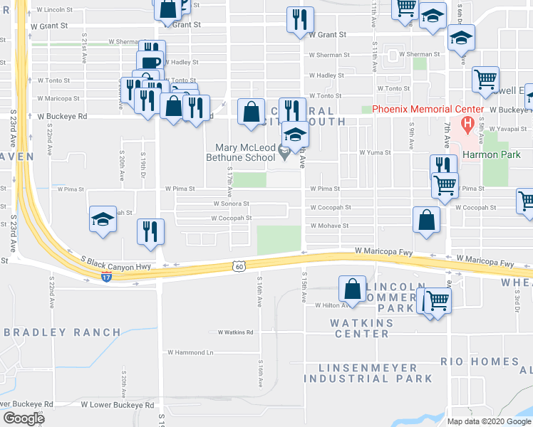 map of restaurants, bars, coffee shops, grocery stores, and more near 1602 West Cocopah Street in Phoenix